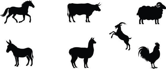 Farm animal silhouettes collection featuring horse cow sheep donkey llama goat and rooster for agriculture and rural design © Sreekhamol