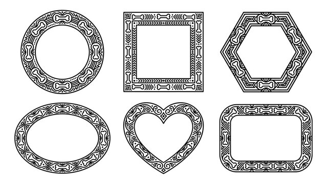 Decorative dog bone frames vector set with circle square heart and hexagon border designs for pet themed branding and coloring