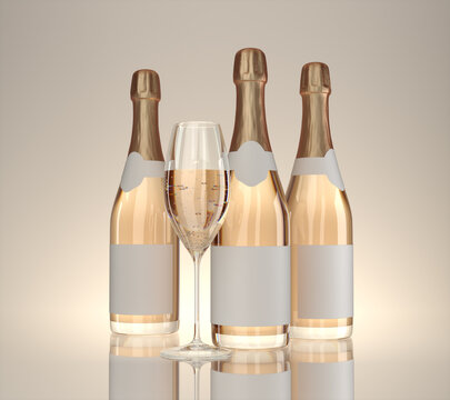 Close-up of sparkling wine bottles with blank labels and glass of sparkling wine. 3d illustration on glossy light background
