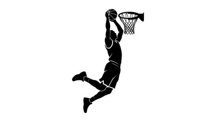 Basketball player slam dunking vector silhouette with hoop and ball for sports logo and graphic design © Zyariss