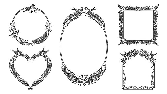 Vintage decorative frames vector set with birds feathers and leaves in circle oval heart square and arch shapes
