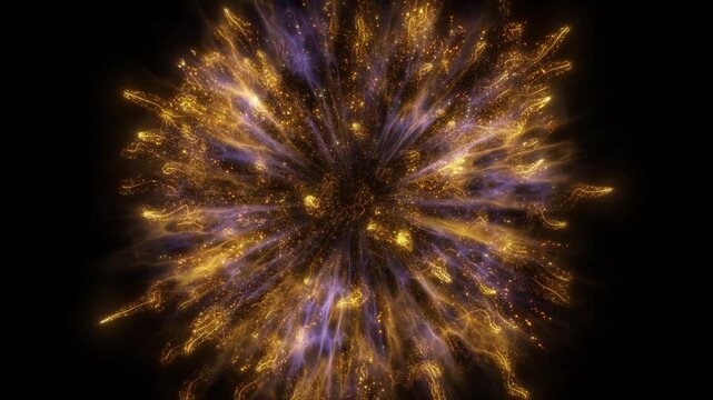 A glowing burst of golden particles forming dynamic trails and sparkling light rays. Ideal abstract animation for Diwali, Lunar New Year, Christmas, or luxury celebration visuals