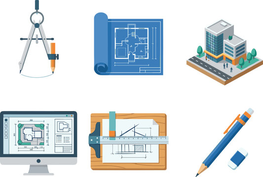 Professional architecture and engineering design vector icon set with blueprint isometric building cad software and drafting tools