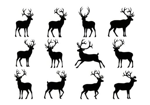Collection of black silhouette deer icons on white background with various poses and antler styles