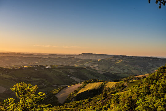 Marche, spectacular view and sunset on the Marche hills from the Ripatransone viewpoint. 2026