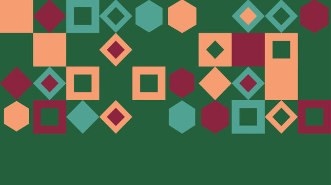 Geometric pattern with squares, diamonds, and hexagons in warm and cool colors on a green background