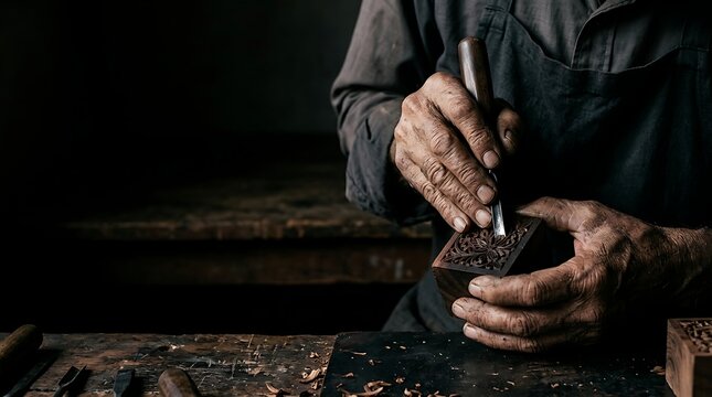 Craftsman carving intricate wood pattern on a small box in workshop