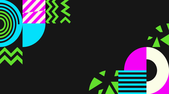 Colorful geometric shapes and patterns on black background, abstract graphic element