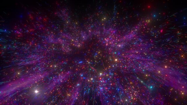 Purple and Blue Particle Explosion with Glittering Cosmic Energy Burst and Radiating Light Rays Abstract Background Animation in 4K 60 FPS