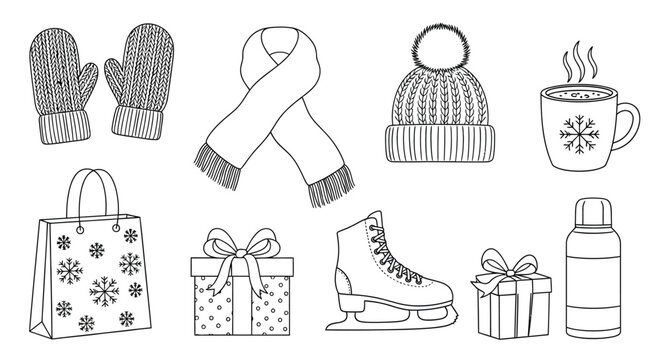 Winter clothing and accessories for cold weather including mittens scarf hat hot drink shopping bag gift box ice skates thermos bottle for seasonal themes.