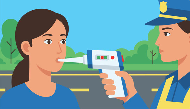 Police officer administering a breathalyzer alcohol test to a female driver during a routine roadside traffic stop on a clear day.