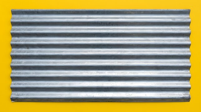 Industrial corrugated metal sheet featuring a silver metallic texture with parallel horizontal ridges placed neatly against a vibrant and solid yellow studio background for design projects