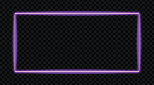 Purple neon rectangle frame with glowing light effect for banner or product presentation isolated on dark transparent background, Vector Illustration