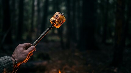 Obraz premium Toasted marshmallow on a stick over a campfire in a dark forest