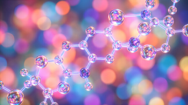Molecular structure visualization with vibrant colorful bokeh background