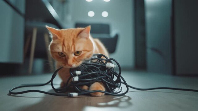 An adorable orange cat playfully engaging with a tangled mess of electronic cables on a domestic floor, showcasing pet curiosity and mischievous behavior
