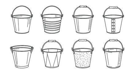 Assorted metal bucket icons in outline style featuring various handle designs and textured surfaces for gardening housework and construction utility tasks. © bske