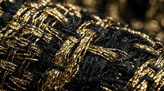 Macro close up shot of luxurious black and gold woven fabric showing intricate thread patterns and metallic shimmer textures captured with soft shallow depth of field