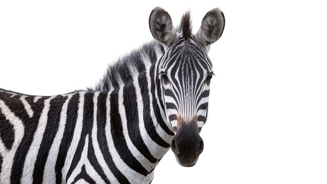 Isolated portrait of an African plains zebra with striking black and white stripes looking forward