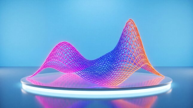 Vibrant 3d wireframe mesh sculpture on a futuristic glowing platform with blue background