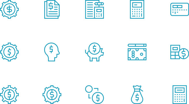 Line for budgeting and finance, including coins, piggy bank, wallet, credit card, and shopping cart in teal and white