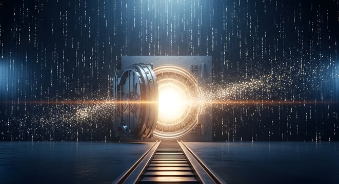 Open vault door emitting bright light and digital particles