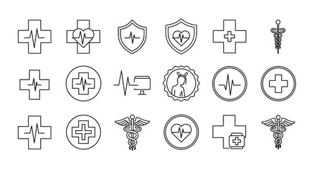 Fototapeta premium Set of healthcare and medical line icons including crosses with heartbeats caduceus and shield symbols on white background.