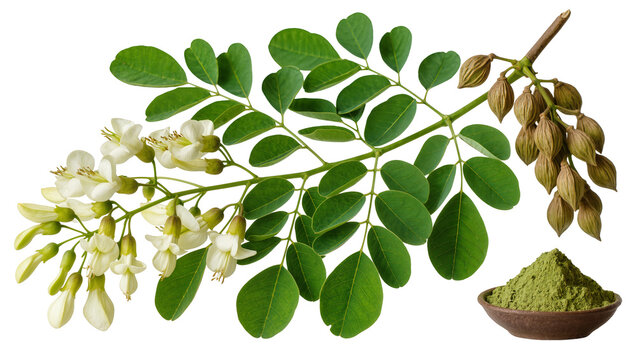 Isolated Moringa oleifera tree branch with leaves, white flowers, dried pods, and green powder