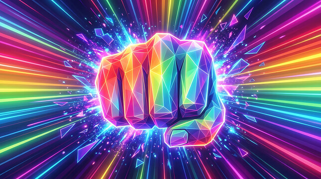 Polygonal rainbow fist symbolizing unity and lgbtq pride against light rays