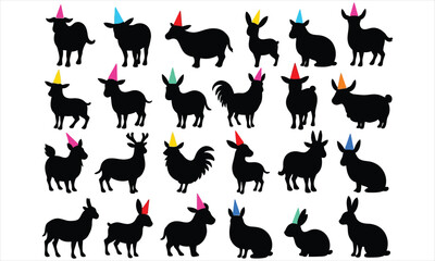 Obraz premium Collection of black animal silhouettes wearing colorful party hats on white background