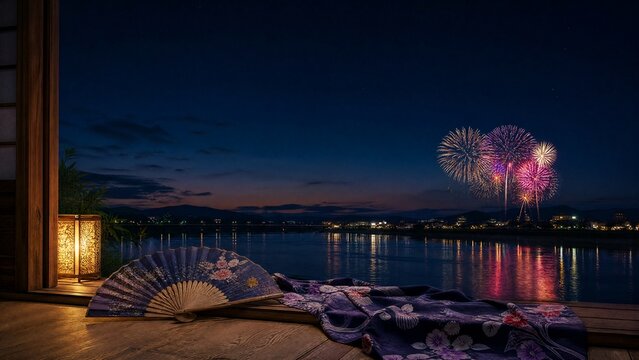 yukata. Folded fan and yukata sleeve on doorstep with fireworks over Sumida River, Tokyo summer celebration. event programs, museum guides, designed for cultural heritage projects and event programs.