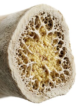 Cross section of a bone showing the outer compact bone layer and the inner spongy cancellous bone filled with yellow bone marrow