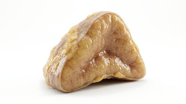 A closeup of a piece of raw, fatty pork meat isolated on white background