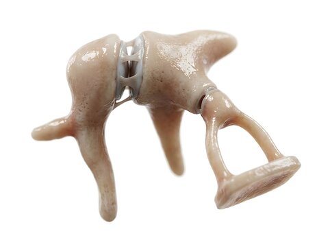 3d illustration of the human middle ear ossicles, including the malleus, incus, and stapes, isolated on white background