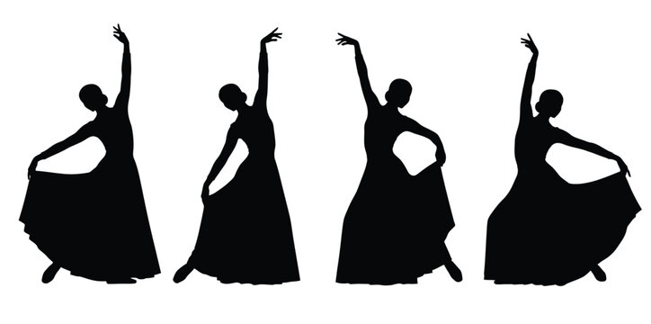 Set of four graceful female silhouettes dancing in long flowing dresses showing elegant poses against a clean white background for artistic design illustration.
