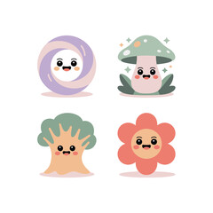 Fototapeta premium Whimsical Nature Spirits, Swirl Ghost Mushroom Plant And Flower Faces, Colorful Cute Style, Sticker Pack, Flat Vector Icons, Clipart Collection