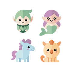 Fototapeta premium Fairy Tale Friends, Elf Mermaid Unicorn And Kitten, Kawaii Style, Sticker Pack Icon Set, Flat Vector Icons, Clipart Collection