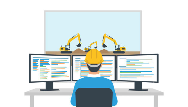 Professional operator at workstation with triple digital displays showing earthmover activity for site monitoring and technical project oversight.