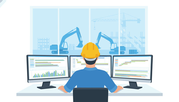 Technician wearing gold protective cap viewing earthmover progress on three screens in a bright workspace for project oversight and workflow tracking.