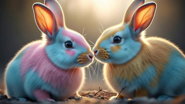 Two pastel-colored rabbits face each other gently. Soft light highlights their curious, affectionate eyes. Furry bodies glow with warm, dreamy hues. They share a quiet, tender moment in the earth