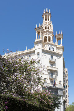Valencia, Spain, May 5, 2026, The facade of Casa del Chavo, a landmark building designed by Enrique Viedma Vidal in 1928. Located on Avenida del Marques de Sotelo near Plaza del Ayuntamiento,