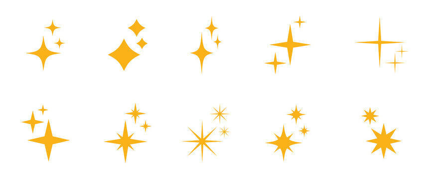 Yellow star sparkle illustration. Sparkles emoji icon. A horizontal array of various pointed sparkle shapes and shining star icons on white background. eps10