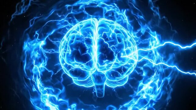 Luminous Neon Brain Emitting Electrical Signals in Dark Space &ndash; Artificial Intelligence and Neuroscience Concept