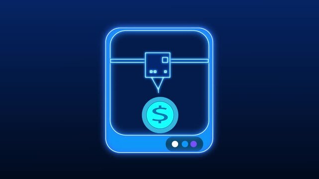 3D printer icon with dollar coin symbolizing financial creation. Innovative 3D printer icon for business manufacturing costs. Modern 3D printer icon concept.