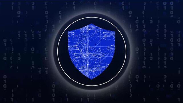 Digital shield icon with network pattern on binary code. Protective digital shield icon for cybersecurity defense. Professional digital shield icon background.