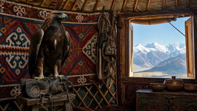 yurt. Colorful felt shyrdak rug on yurt lattice, golden eagle on glove, Central Asian nomadic concept. event programs, museum guides, designed for cultural heritage projects and event programs.