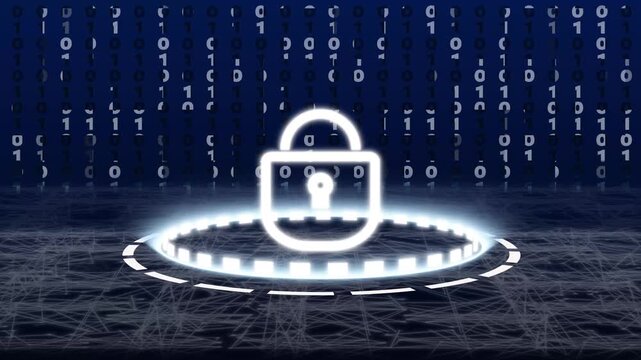 Glowing padlock icon on digital network surface with binary code. Safe glowing padlock icon for cloud data protection. Cyber glowing padlock icon background.