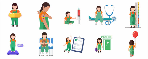 Fototapeta premium Pediatric healthcare flat vector illustration set featuring a little girl at a medical clinic for vaccination, health checkup, growth measurement, and medicine treatment.