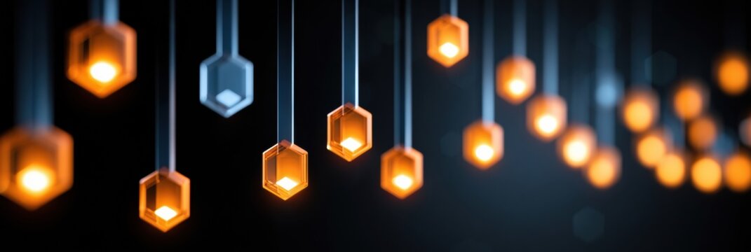 Autonomous system analyzes employee data to create fair assessments using geometric shapes in cool blue and warm amber colors on dark background.