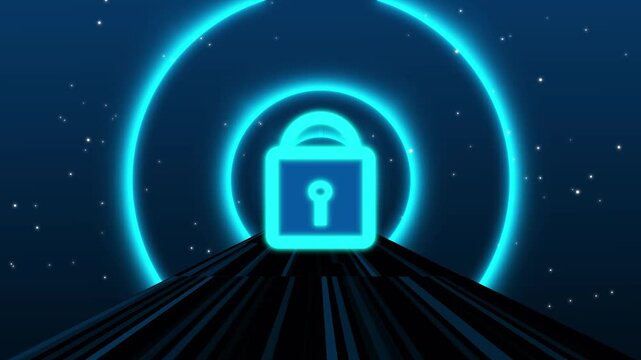 Glowing blue padlock icon on futuristic dark background. Safe glowing blue padlock icon for authentication security. Modern glowing blue padlock icon with neon rings.
